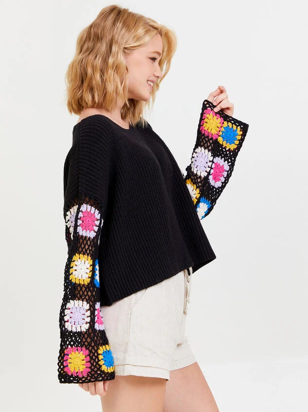 Women's Sweatshirts for Autumn Adventures -Umgee French Terry Top with Long Colorful Crocheted Sleeves