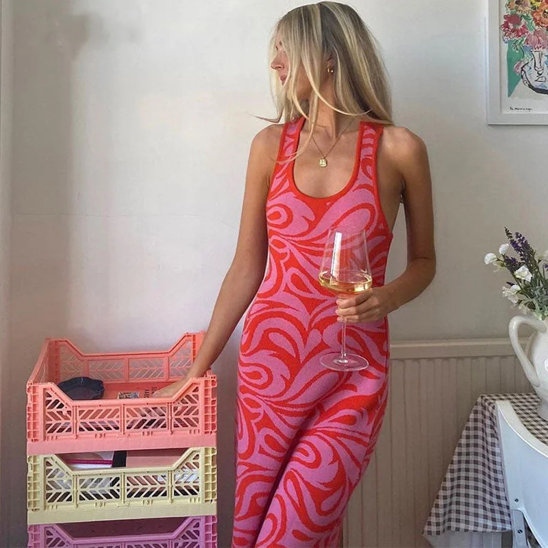 Women's Sweaterdress for Layering -Unique Abstract Print Scoop Neck Sleeveless Open Back Midi Knit Dress Women's Sweaterdress for Layering -Unique Abstract Print Scoop Neck Sleeveless Open Back Midi Knit Dress