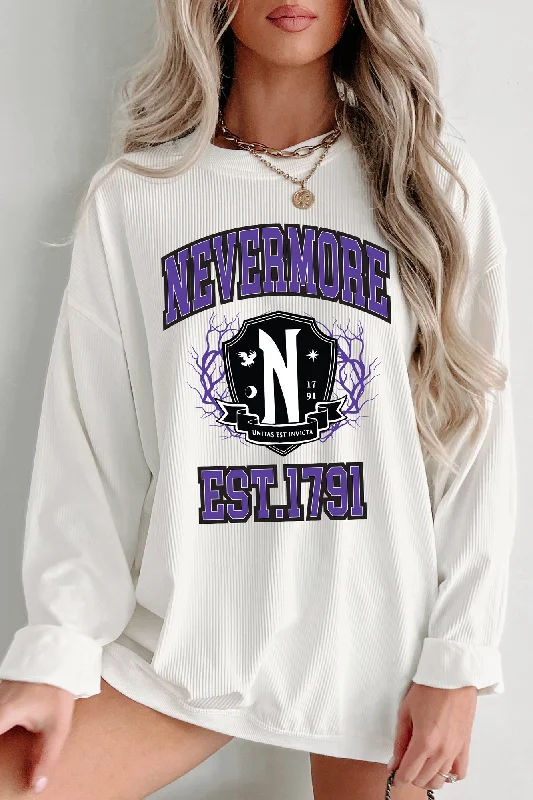 Women's Sweatshirts for Stylish Day Wear -"Unitas Est Invicta" Corded Graphic Crewneck (Ivory) - Print On Demand Women's Sweatshirts for Stylish Day Wear -"Unitas Est Invicta" Corded Graphic Crewneck (Ivory) - Print On Demand