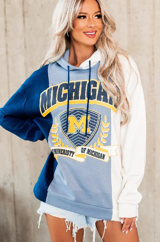 Women's Sweatshirts with Colorful Sleeves -"University Of Michigan" Colorblock Graphic Hoodie (Navy/Ivory)