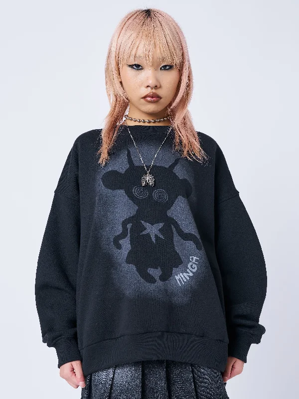 Women's Sweatshirts for Layering Under Jackets -Unworldly Black Graphic Sweatshirt
