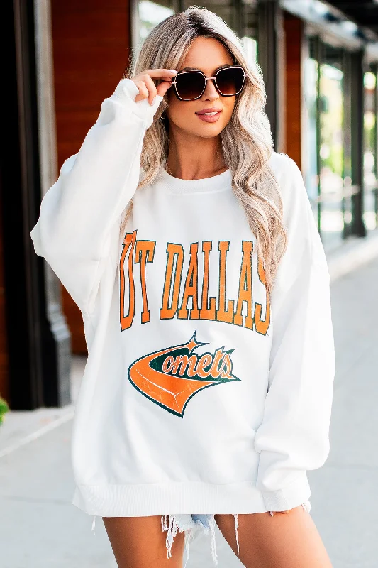 Women's Sweatshirts for Running in Chilly Weather -"UT Dallas Comets" Graphic Crewneck (White) Women's Sweatshirts for Running in Chilly Weather -"UT Dallas Comets" Graphic Crewneck (White)