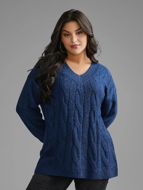 Women's Cashmere Pullovers Sweater for Winter-V Neck Cable Knit Texture Pullover