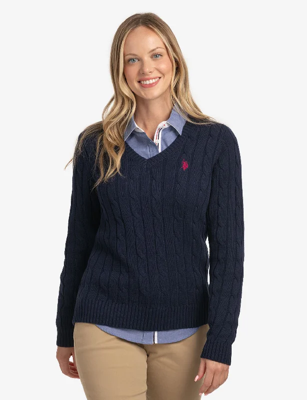 Women's Light Knit Pullover Sweater-V-NECK CABLE PULLOVER SWEATER