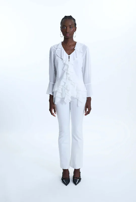 Women's Tie-front Blouses -V-neck Chiffon Ruffle Blouse Cream