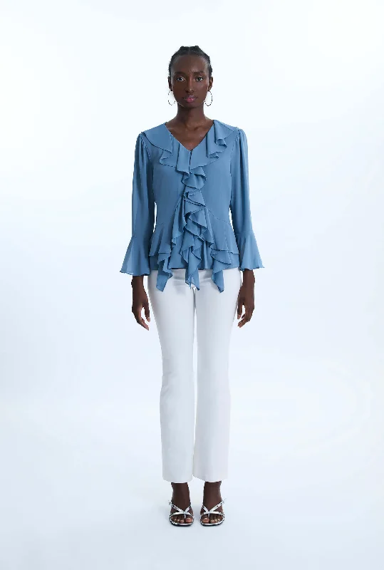 Women's Plaid Blouses -V-neck Chiffon Ruffle Blouse Denim