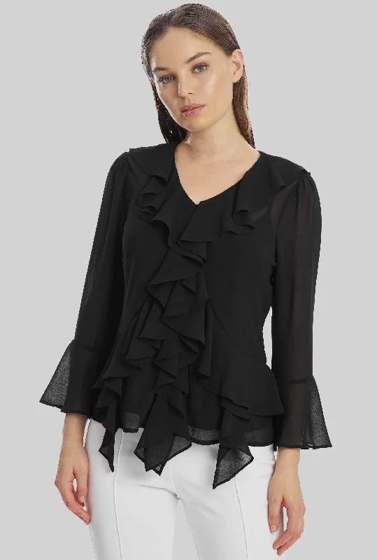 Women's Kimono Sleeve Shirts -V-neck Chiffon Ruffle Blouse In Black