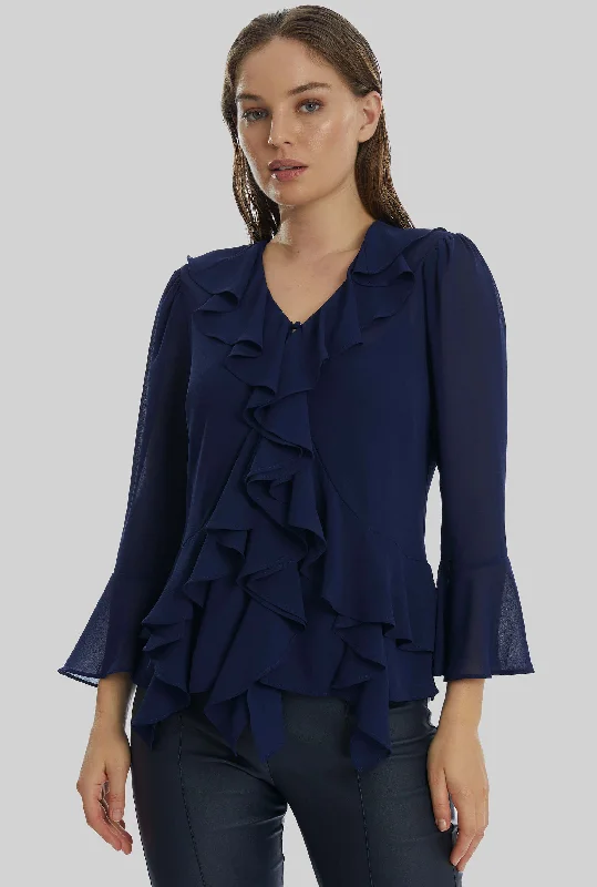 Women's Striped Blouses -V-neck Chiffon Ruffle Blouse In Navy