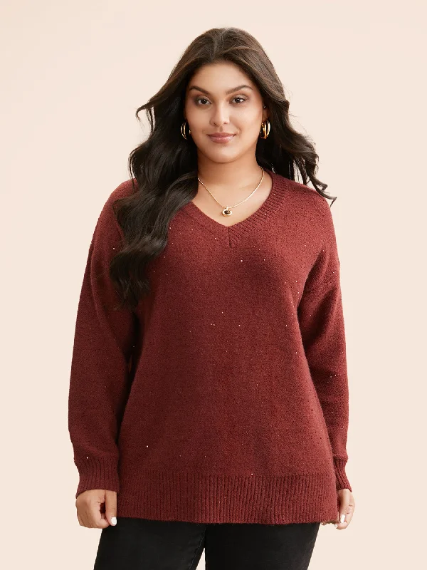 Women's Cozy Cashmere Pullovers Sweater-V Neck Glitter Dropped Shoulder Split Hem Pullover Women's Cozy Cashmere Pullovers Sweater-V Neck Glitter Dropped Shoulder Split Hem Pullover