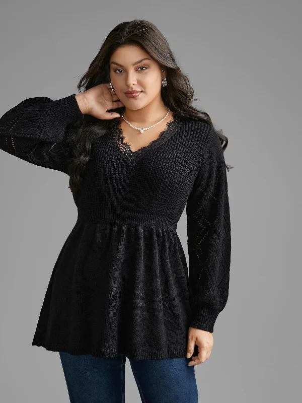 Women's Pullovers Sweater with Detailed Cuffs-V Neck Lace Panel Lantern Sleeve Pullover Women's Pullovers Sweater with Detailed Cuffs-V Neck Lace Panel Lantern Sleeve Pullover