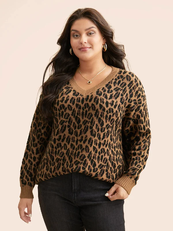 Women's Silk Pullovers Sweater-V Neck Leopard Print Jacquard Pullover