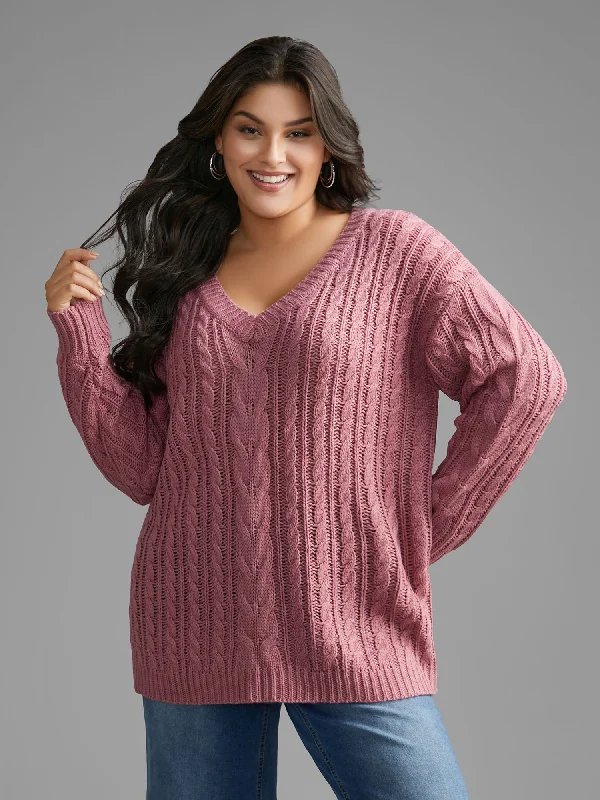 Women's Pullovers Sweater with Wide Fit-V Neck Texture Cable Knit Pullover