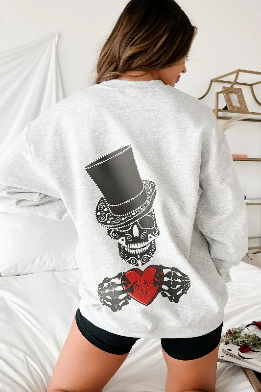 Women's Sweatshirts with Decorative Zip -Valentine Sentiments Double-Sided Graphic Crewneck (Ash Grey) - Print On Demand