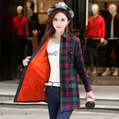 Women's Casual T-shirts and Blouses -Velvet Thick Warm Women's Plaid Shirt Female Long Sleeve Tops M-5XL Winter Fleece Casual Check Blouse Autumn Clothes T18620Y