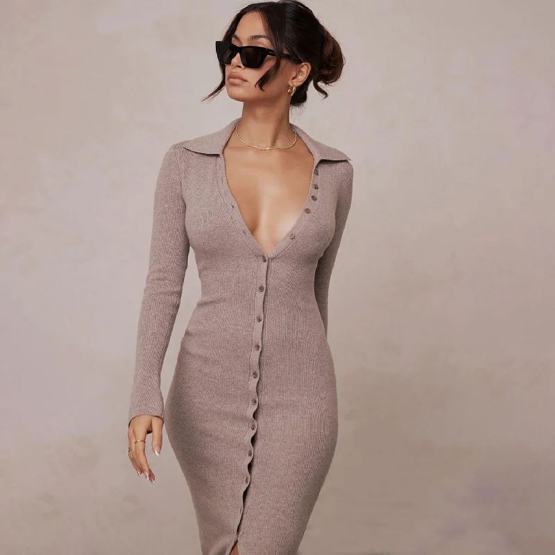 Elegant Sweaterdress for Women -Versatile Spread Collar Button Up Sleeved Rib Knit Slim Sweater Midi Dress Elegant Sweaterdress for Women -Versatile Spread Collar Button Up Sleeved Rib Knit Slim Sweater Midi Dress