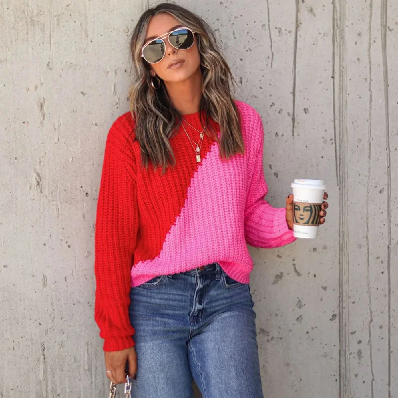 Women's Chunky Knit Wool Pullover Sweater for Winter-Vibrant Red Color Block Crew Neck Long Sleeve Pullover Knit Sweater