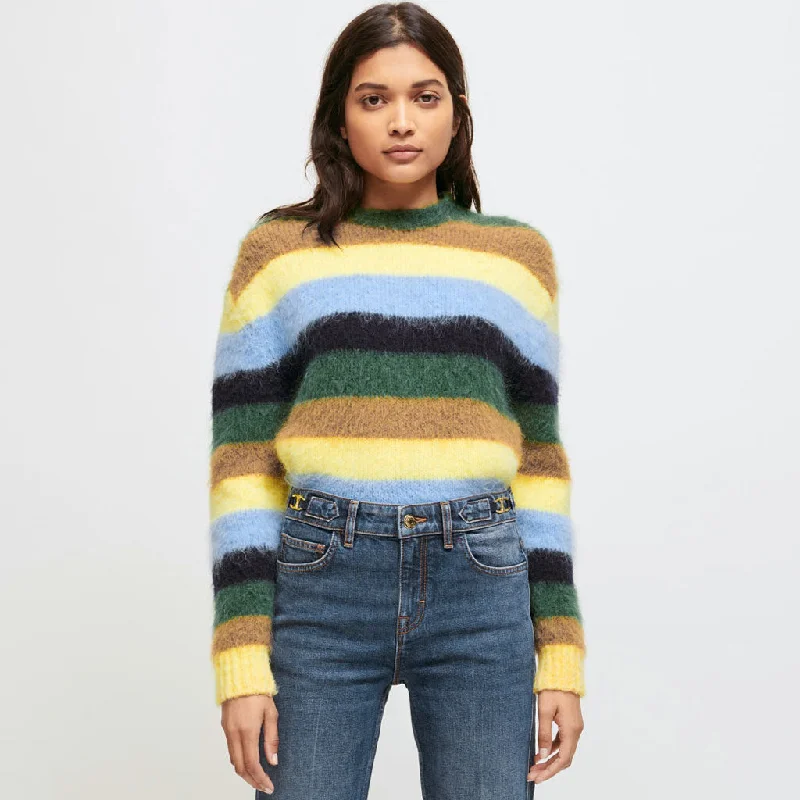 Women's Oversized Pullovers Sweater-Vibrant Melange Striped Long Sleeve Pullover Sweater - Multicolor