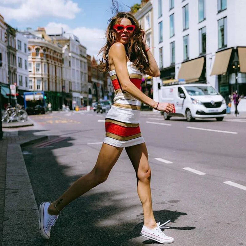 Women's Sweaterdress with Zipper -Vibrant Multicoloedr Striped Print Spaghetti Strap Bodycon Mini Knit Dress Women's Sweaterdress with Zipper -Vibrant Multicoloedr Striped Print Spaghetti Strap Bodycon Mini Knit Dress