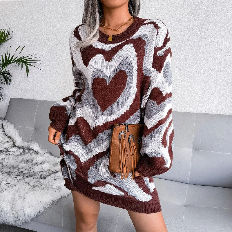 Women's Sweaterdress for Layering in Winter -Vintage Crew Neck Pullover Long Sleeve Heart Sweater Mini Dress Women's Sweaterdress for Layering in Winter -Vintage Crew Neck Pullover Long Sleeve Heart Sweater Mini Dress
