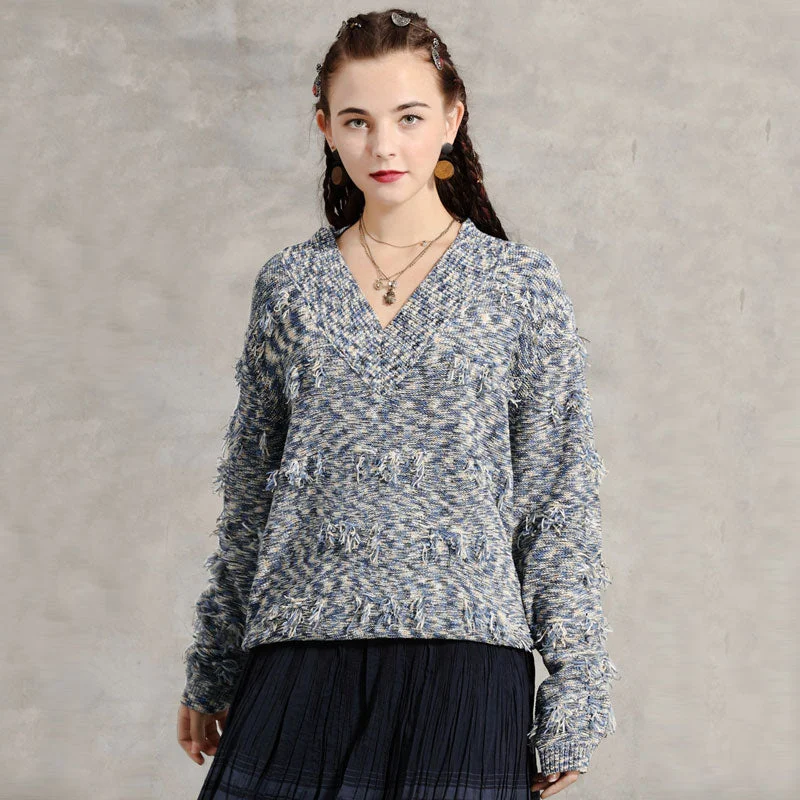 Women's Lightweight Wool Knit Pullovers Sweater for Fall-Vintage Floral Fringe V Neck Drop Shoulder Marled Blue Knit Pullover Sweater