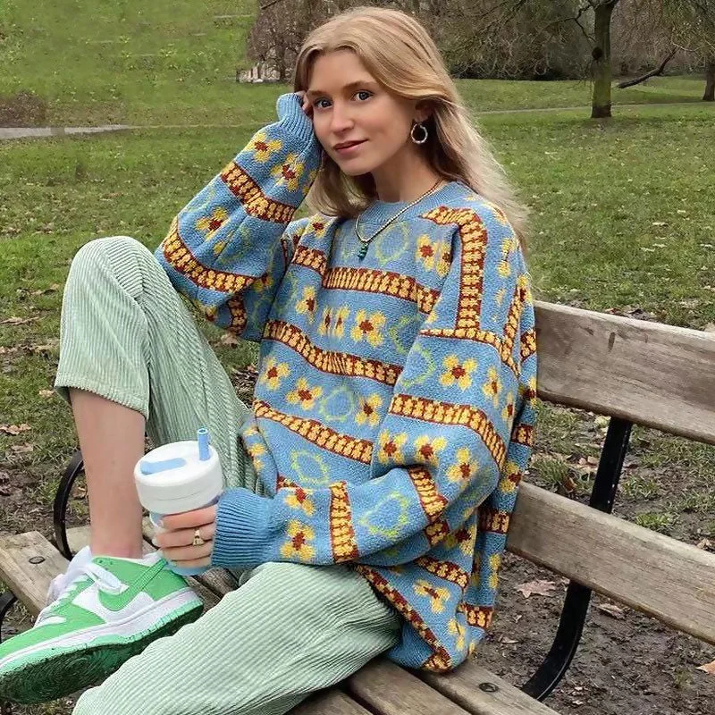 Women's Vintage Style Pullovers Sweater-Vintage Floral Print Blue Crew Neck Drop Shoulder Pullover Sweater Women's Vintage Style Pullovers Sweater-Vintage Floral Print Blue Crew Neck Drop Shoulder Pullover Sweater