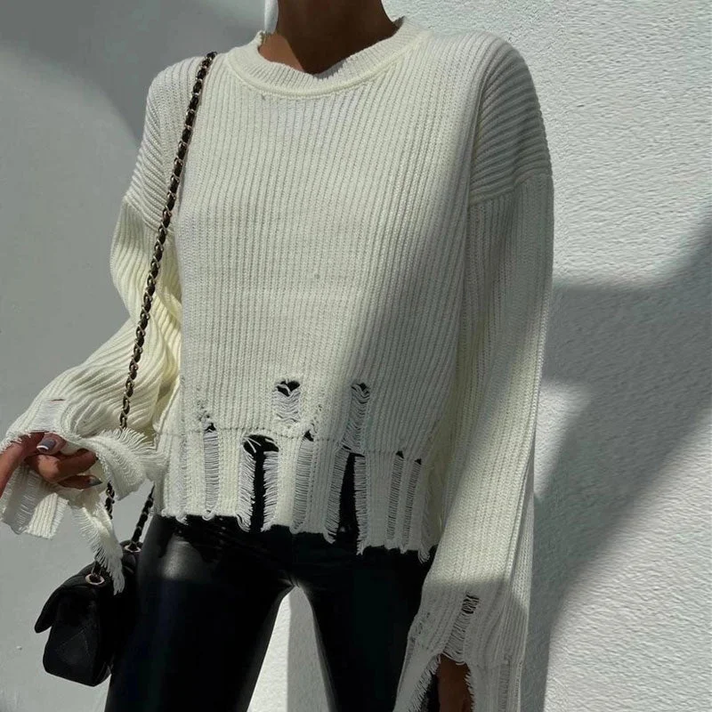 Women's Casual Knit Pullover Sweater for Day Out-Vintage High Neck Distressed Cropped Pullover Knit Sweater