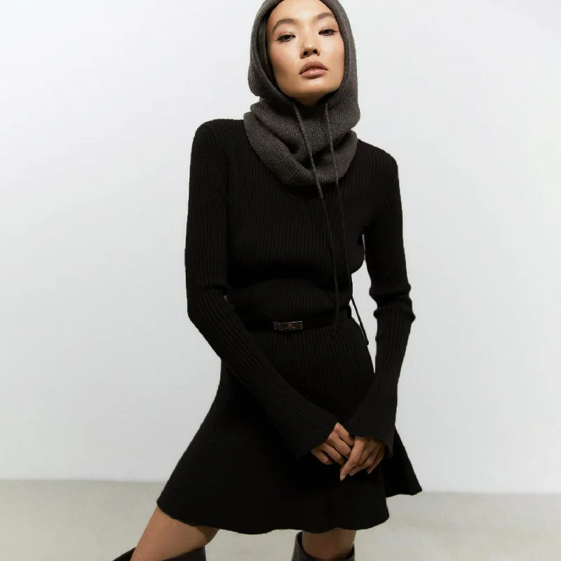 Women's Long Sleeve Sweaterdress -Vintage High Neck Long Sleeve A Line Ruffle Hem Ribbed Knit Mini Sweater Dress Women's Long Sleeve Sweaterdress -Vintage High Neck Long Sleeve A Line Ruffle Hem Ribbed Knit Mini Sweater Dress