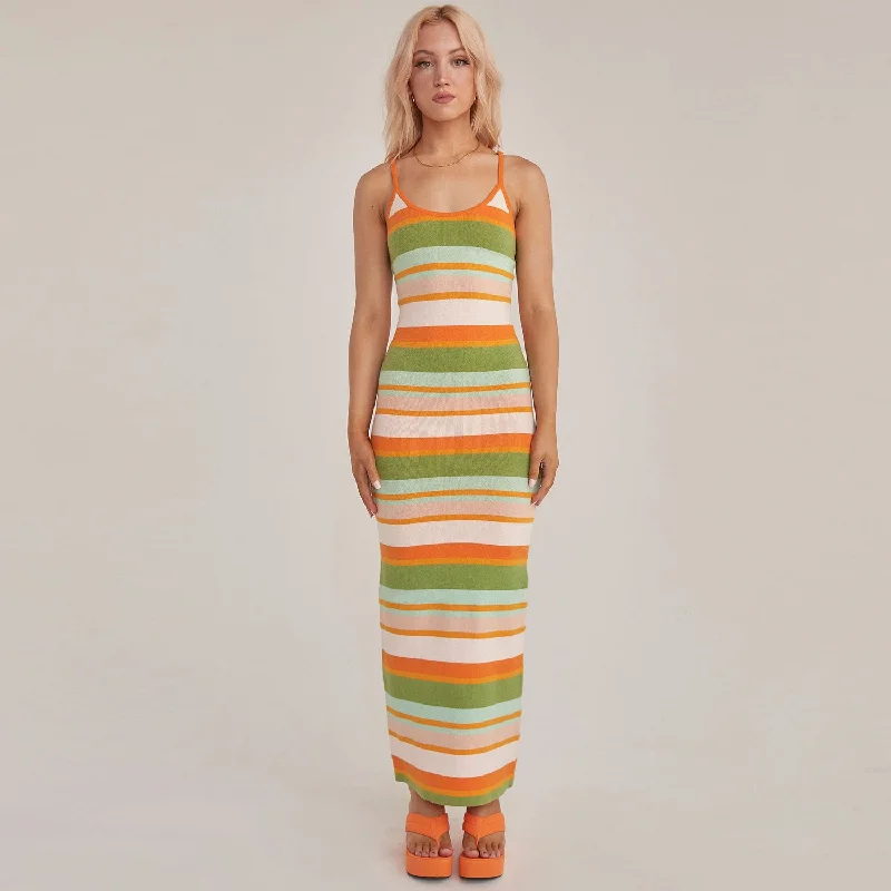 Women's Sweaterdress with Elegant Finish -Vintage Rainbow Striped Print Scoop Neck Spaghetti Strap Maxi Slip Sweater Dress Women's Sweaterdress with Elegant Finish -Vintage Rainbow Striped Print Scoop Neck Spaghetti Strap Maxi Slip Sweater Dress