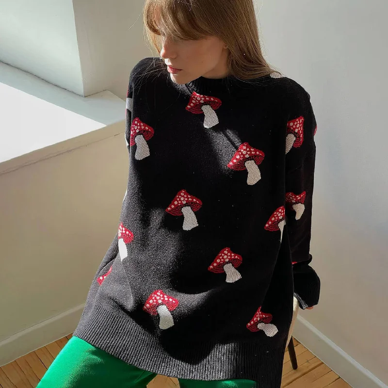 Women's Casual Knit Pullover Sweater for Chilly Days-Vintage Round Neck Drop Shoulder Oversized Mushroom Intarsia Knit Pullover Sweater
