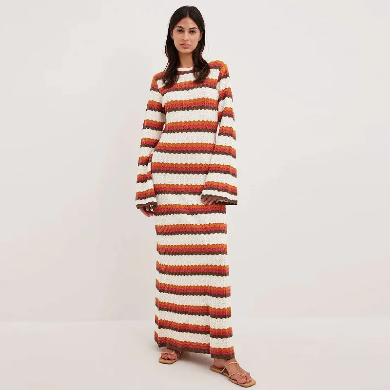 Women's Sweaterdress for Relaxed Look -Vintage Scalloped Open Back Bell Sleeve Striped Crochet Knit Maxi Dress Women's Sweaterdress for Relaxed Look -Vintage Scalloped Open Back Bell Sleeve Striped Crochet Knit Maxi Dress