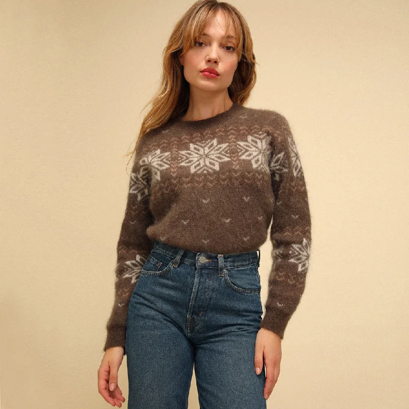 Women's Long Sleeve Pullovers Sweater-Vintage Snowflake Jacquard Mohair Knit Pullover Sweater - Coffee