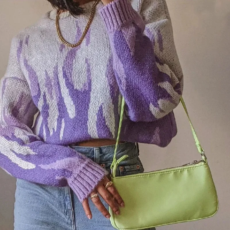 Women's Pullovers Sweater for Cold Days-Vintage Style Purple Crew Neck Flame Print Oversized Pullover Sweater Women's Pullovers Sweater for Cold Days-Vintage Style Purple Crew Neck Flame Print Oversized Pullover Sweater
