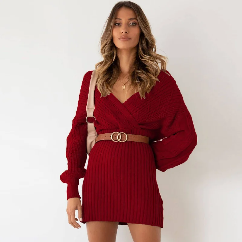 Women's Sweaterdress with Textured Knit -Vintage Wrap Off The Shoulder Chunky Cable Knit Sweater Mini Dress Women's Sweaterdress with Textured Knit -Vintage Wrap Off The Shoulder Chunky Cable Knit Sweater Mini Dress