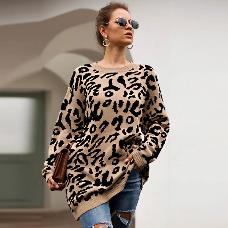 Women's Pullovers Sweater for Everyday Wear-Vitnage Style Khaki Leoaprd Print Oversized Pullover Long Sweater Women's Pullovers Sweater for Everyday Wear-Vitnage Style Khaki Leoaprd Print Oversized Pullover Long Sweater