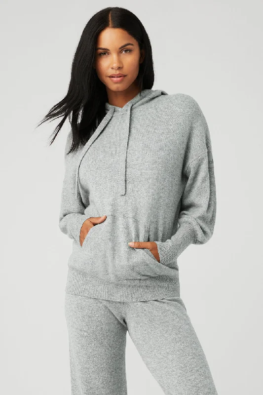 Women's Sweater Set with Button Detail -Cashmere Jet Set Hoodie - Dove Grey Heather