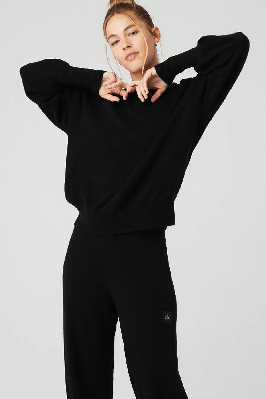 Women's Sweater Set for a Casual Day Out -Cashmere Jet Set Crew - Black