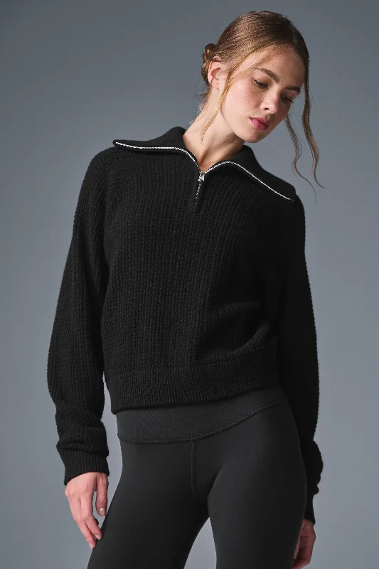 Women's Wool Pullover Sweater for Street Fashion Style-Cashmere Plush Waffle 1/4 Zip Pullover - Black