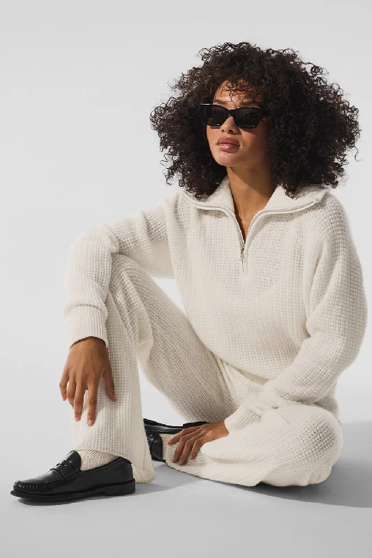 Women's Chunky Knit Cashmere Pullovers Sweater-Cashmere Plush Waffle 1/4 Zip Pullover - Ivory