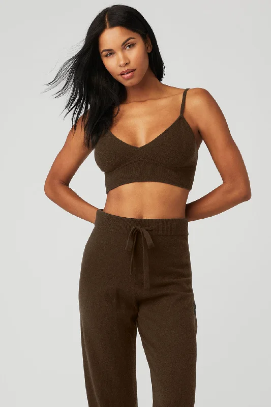 Women's Sweater Set with Floral Design -Cashmere Jet Set Bra - Espresso