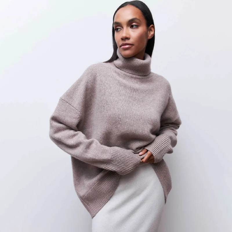 Women's Relaxed Wool Pullover Sweater with High Neck-Warm Monochrome Turtleneck Drop Shoulder Long Sleeve Pullover Oversized Sweater