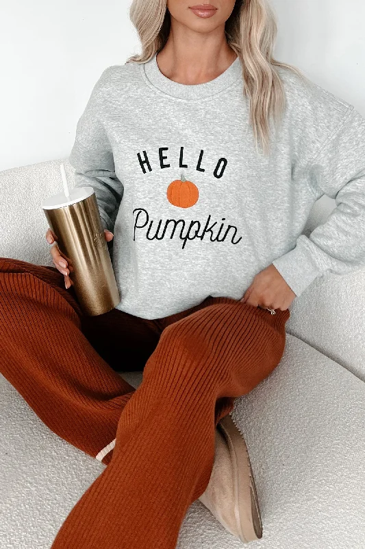 Women's Sweatshirts for Running Errands -Welcoming Fall "Hello Pumpkin" Crewneck Sweater (Grey)