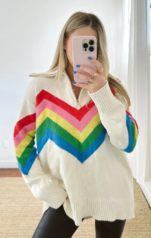 Women's Turtleneck Pullovers Sweater-Weston Half Zip Pullover ~ Rainbow Slope Knit