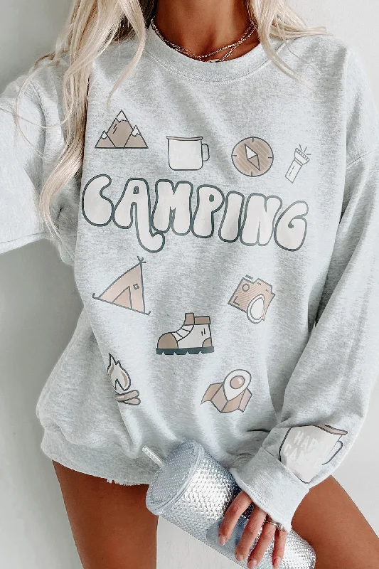 Women's Sweatshirts for Weekend Sports -What A "Happy Camper" Graphic Crewneck (Ash Grey) - Print On Demand Women's Sweatshirts for Weekend Sports -What A "Happy Camper" Graphic Crewneck (Ash Grey) - Print On Demand