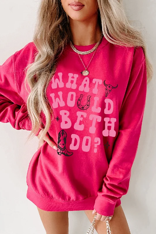 Women's Sweatshirts for Active Commuting -"What Would Beth Do" Graphic Crewneck (Hot Pink/Light Pink) - Print On Demand Women's Sweatshirts for Active Commuting -"What Would Beth Do" Graphic Crewneck (Hot Pink/Light Pink) - Print On Demand