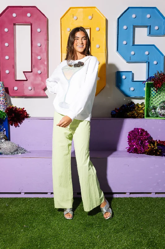 Women's Sweatshirts with Stretchy Ribbed Cuffs -White Football Olive Martini Sweatshirt