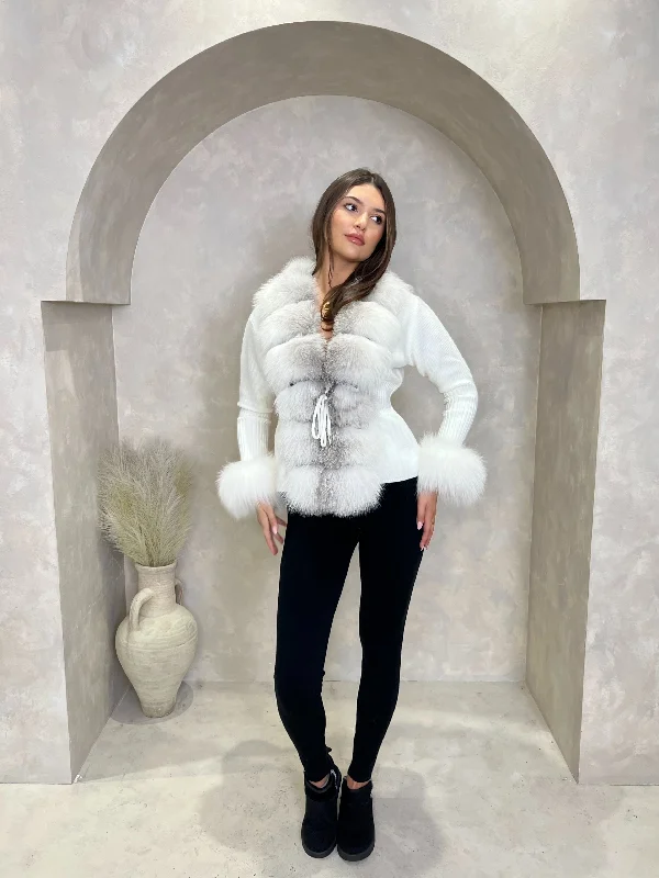Long Sleeve Women's Knit Tops -White/Two Tone Luxury Fur Cardigan
