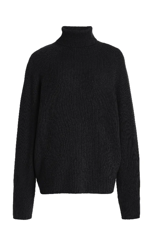 Knit Tops with Waffle Knit Texture-Wigman Knit Turtleneck Sweater in Black Cashmere