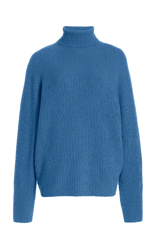 Women's Knit Sweater with Boho Look -Wigman Knit Turtleneck Sweater in Light Blue Denim Cashmere Women's Knit Sweater with Boho Look -Wigman Knit Turtleneck Sweater in Light Blue Denim Cashmere
