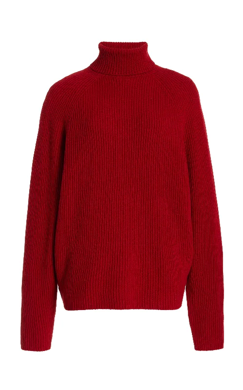 Knit Tops for Layering Under Jackets-Wigman Knit Turtleneck Sweater in Scarlet Red Cashmere
