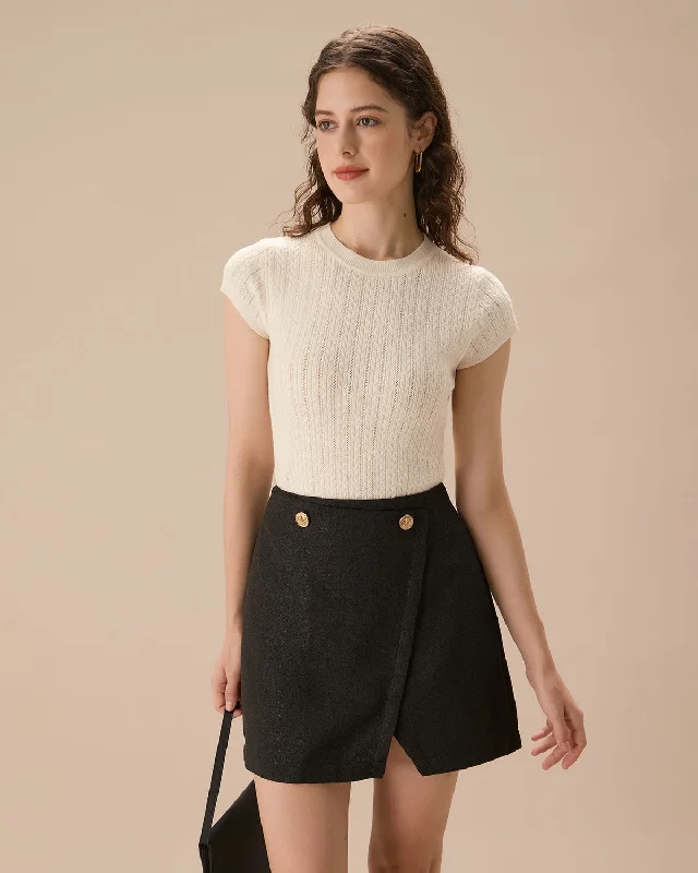 Women's Stylish Plain Short Sleeve T-shirt -Women's Apricot Ribbed Knit Tee